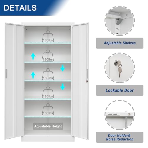Metal Storage Cabinet 71" White Locking Steel Cabinet with 2 Doors and 5 Shelves U4003