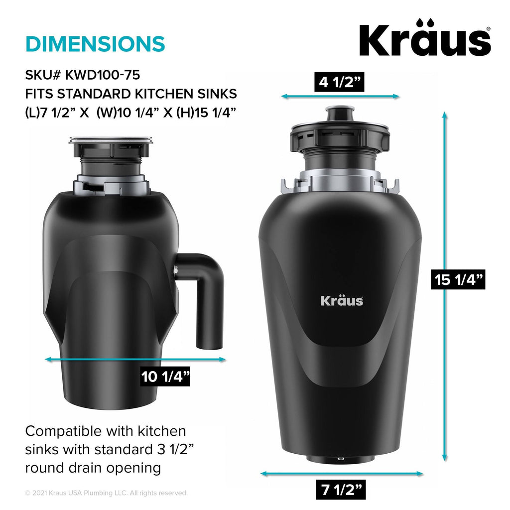 Kraus KWD100-75MBL WasteMate Continuous Feed Garbage Disposal, 0.75 HP Ultra-Quiet N129