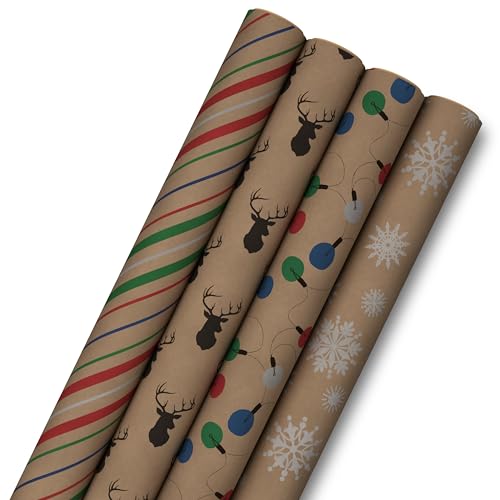 Hallmark Christmas Wrapping Paper Bundle with Cut Lines, Kraft, Red Trucks, 4 Rolls D91100