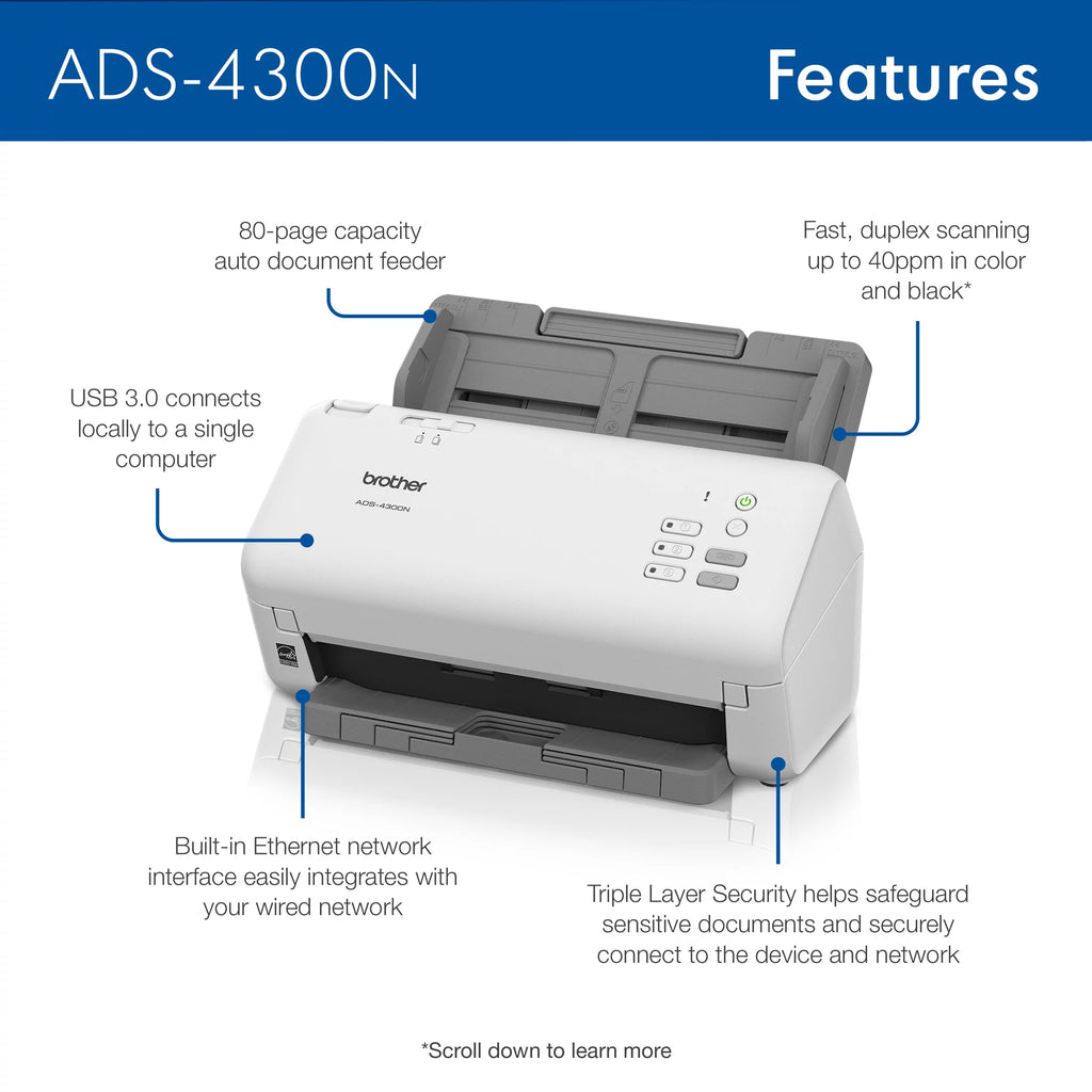 Brother ADS4300N Desktop Document Scanner for Business Workgroups W9072