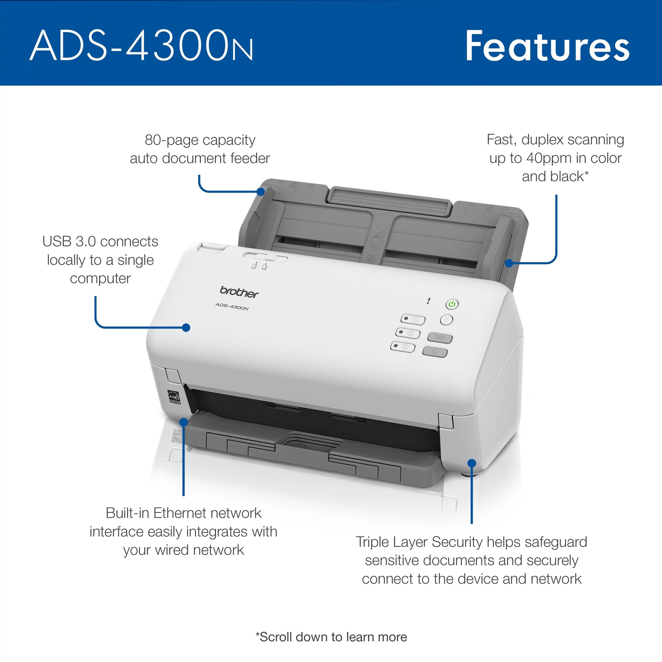 Brother ADS4300N Desktop Document Scanner for Business Workgroups W9072