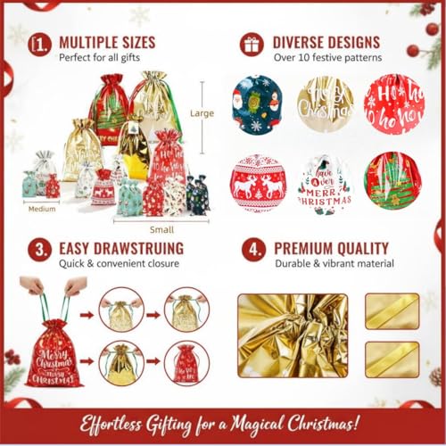 Christmas Gift Bags Set with Drawstring - 80pcs Assorted Sizes for Holiday Gifting I5791
