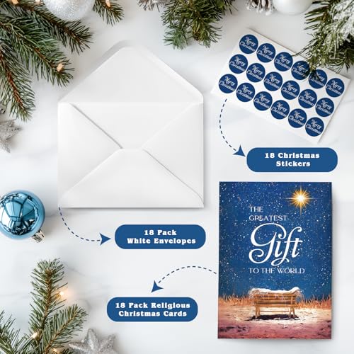 Religious Christmas Cards with Envelopes & Stickers, Pack of 18 W254