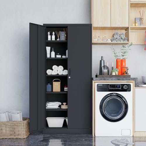 Metal Storage Cabinet 71" White Locking Steel Cabinet with 2 Doors and 5 Shelves U4003