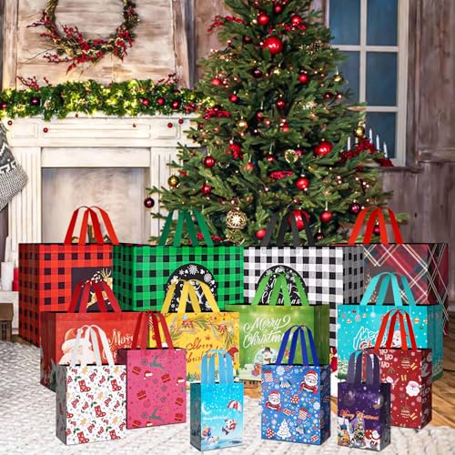 24 Pack Christmas Gift Bags Assorted Sizes with Handle, Non-Woven Reusable Tote I711017