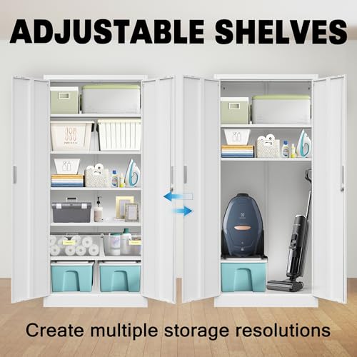Metal Storage Cabinet 71" White Locking Steel Cabinet with 2 Doors and 5 Shelves U4003