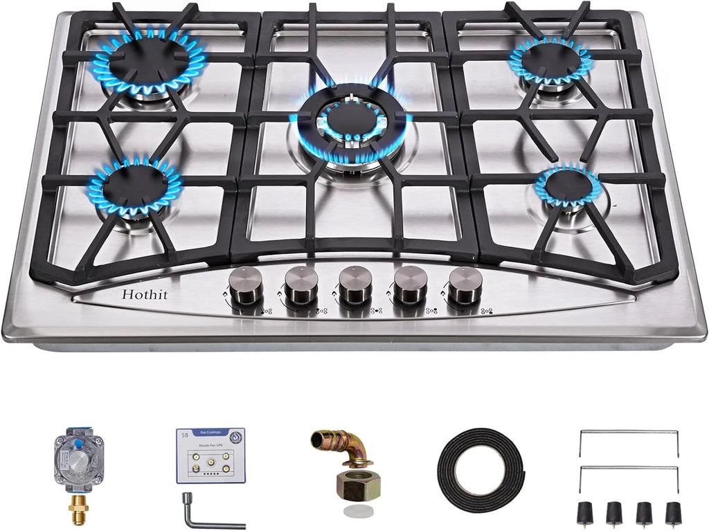 Tabaray Propane Gas Cooktop 30" Inch, 5 Burner Built-in Stainless Steel Gas Stove Top, LPG/NG Dual Fuel, Include Gas Pressure Regulator Gas Range(L30"×W20")