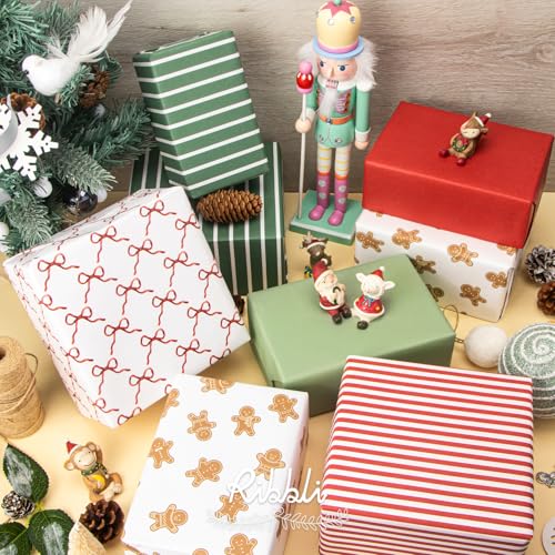 Ribbli Christmas Wrapping Paper Kraft 6 Rolls Red and Green Holiday Assortment 17in x 120in B7897