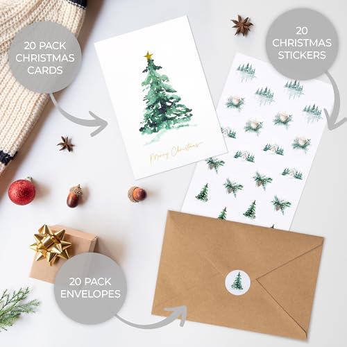 ZICOTO Christmas Cards Set of 20 with Watercolor Designs, Envelopes, Stickers and Storage Box J92706