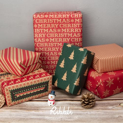 Ribbli Christmas Wrapping Paper Kraft 6 Rolls Red and Green Holiday Assortment 17in x 120in B7897