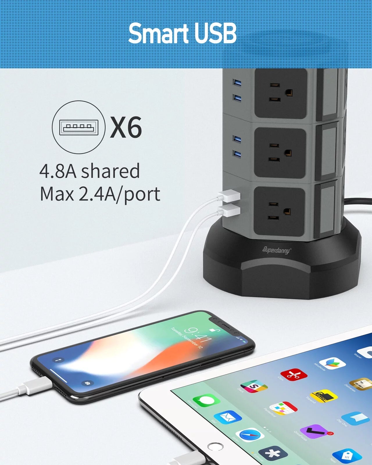 SUPERDANNY Surge Protector Power Strip Tower with Wireless Charger, 12 AC Outlets Y8850