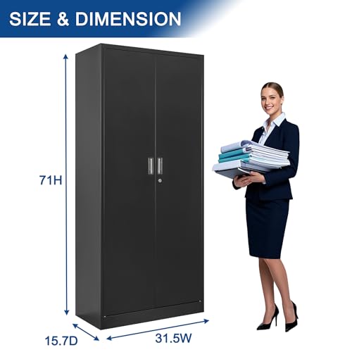 Metal Storage Cabinet 71" White Locking Steel Cabinet with 2 Doors and 5 Shelves U4003
