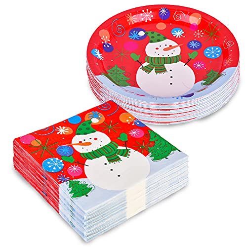 Gatherfun Christmas Snowman Paper Dinner Plates and Napkins, Serve 50 V8502