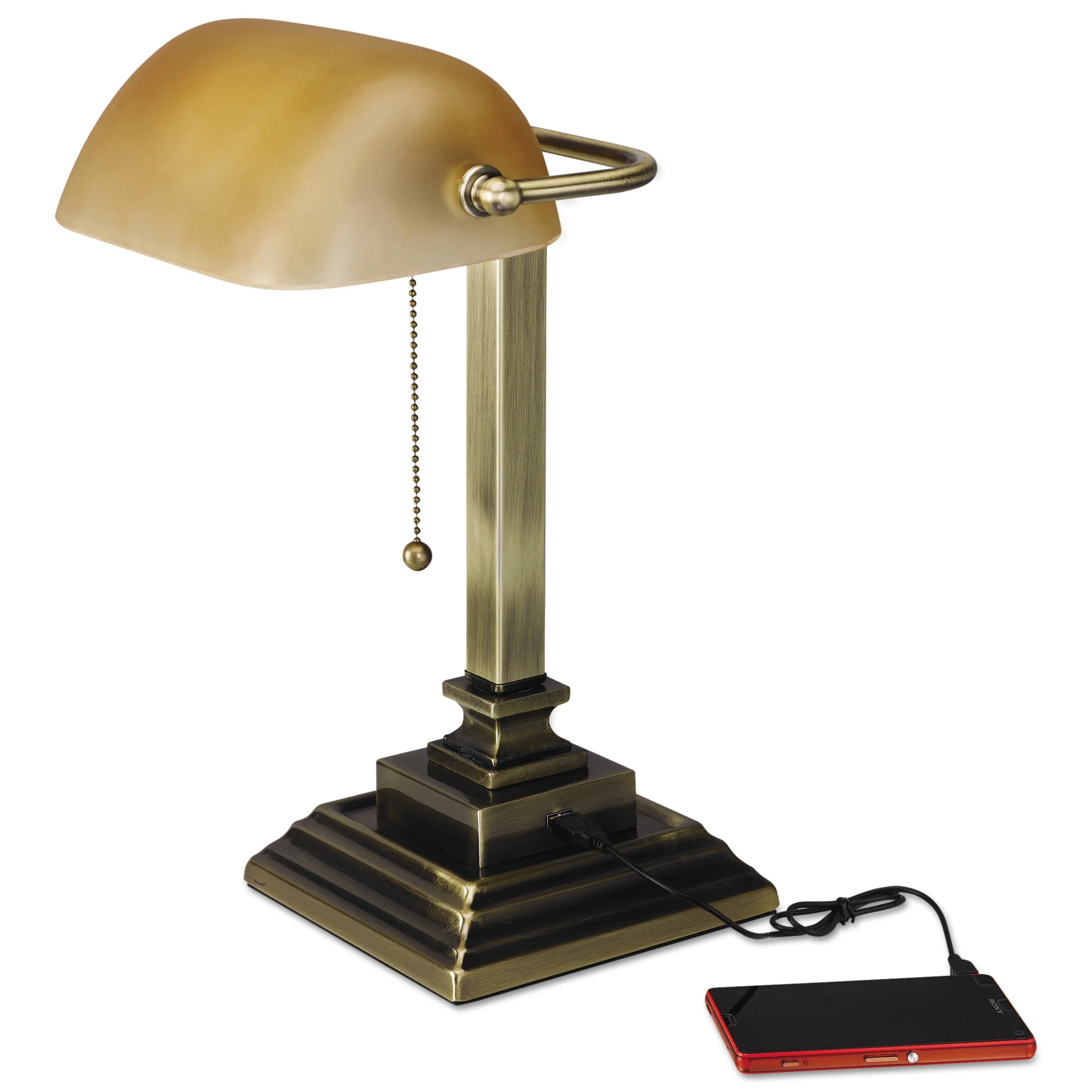 Alera Traditional Banker's Lamp with USB, 10"w x 10"d x 15"h, Antique Brass -ALELMP517AB