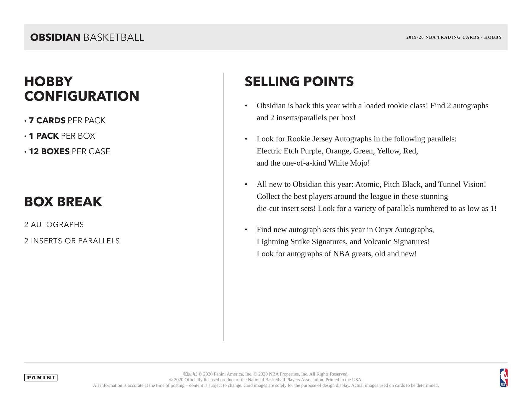 2019-20 Panini Obsidian Basketball Hobby Box M277