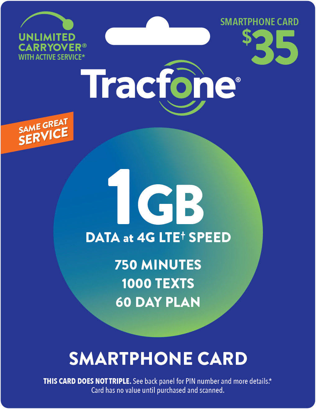 Tracfone Smartphone Only Plan - 60 Days / 750 Minutes / 1000 texts / 1GB Data - Megean