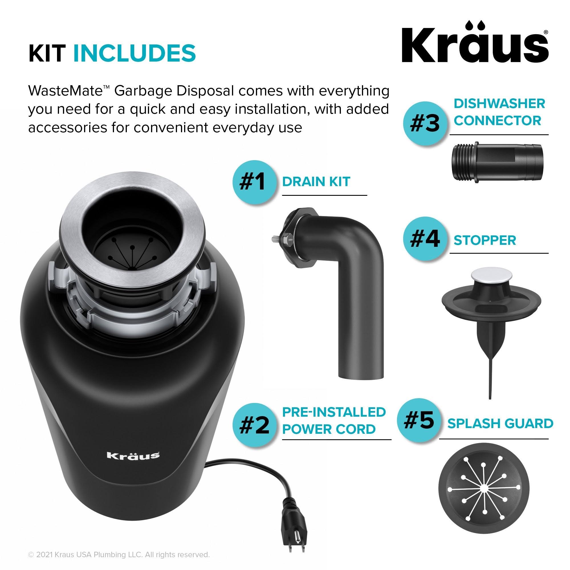 Kraus KWD100-75MBL WasteMate Continuous Feed Garbage Disposal, 0.75 HP Ultra-Quiet N129