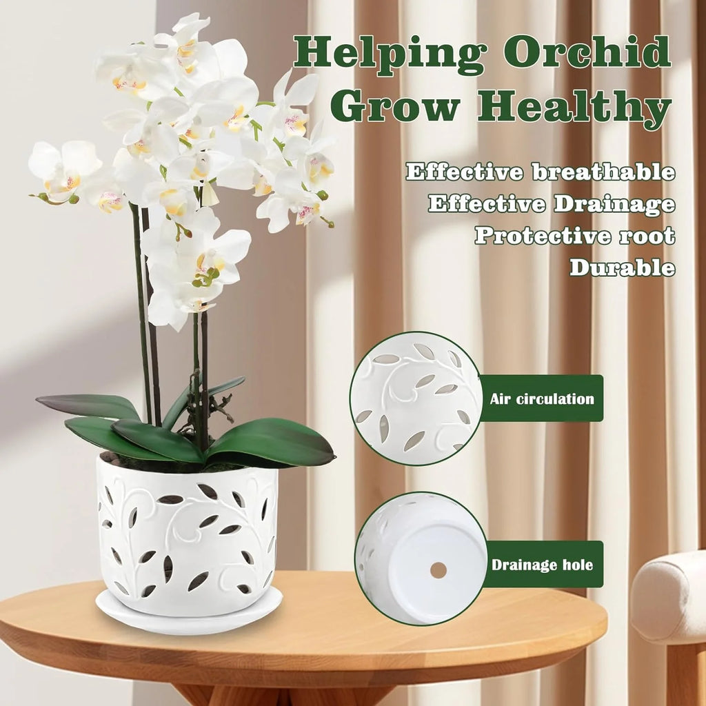 BUYMAX Set of 2 Ceramic Orchid Pots with Saucers, 5 & 6 Inch P238530