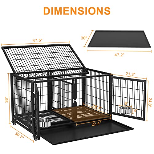Heavy Duty Dog Crate Cage Kennel for Large Dogs with Removable Trays and Wheels J3652