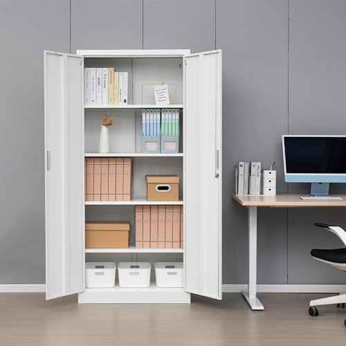 Metal Storage Cabinet 71" White Locking Steel Cabinet with 2 Doors and 5 Shelves U4003