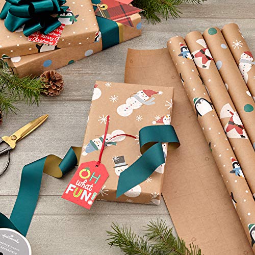 Hallmark Christmas Wrapping Paper Bundle with Cut Lines, Kraft, Red Trucks, 4 Rolls D91100