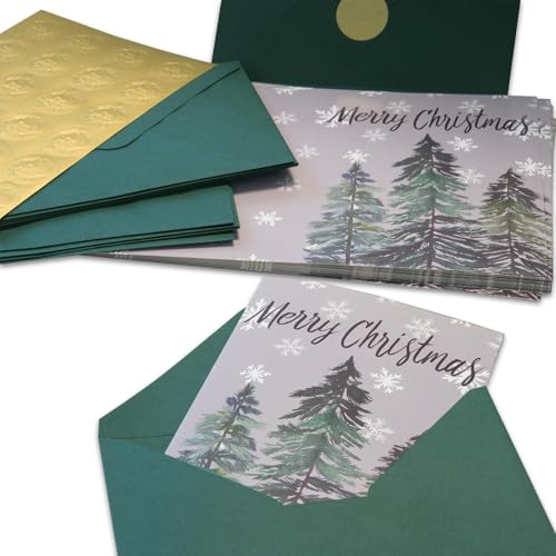 GEEORY Boxed Christmas Greeting Cards 5" x 7" Watercolor Xmas Tree & Snowflake, 24 with Envelopes & Stickers T87529