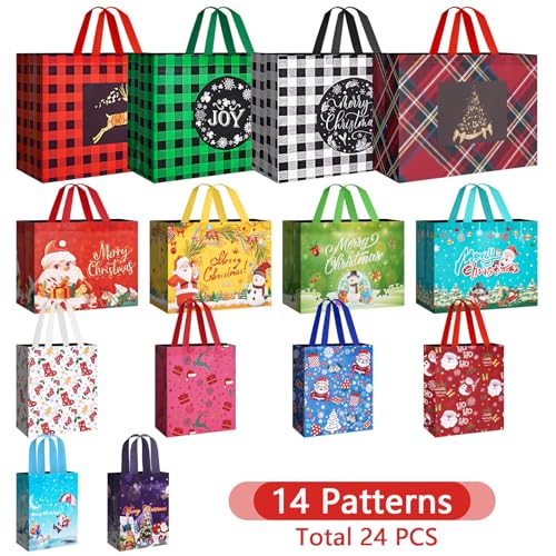 24 Pack Christmas Gift Bags Assorted Sizes with Handle, Non-Woven Reusable Tote I711017