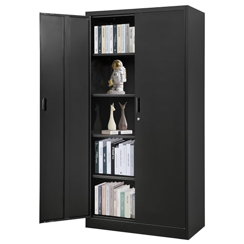 Metal Storage Cabinet 71" White Locking Steel Cabinet with 2 Doors and 5 Shelves U4003