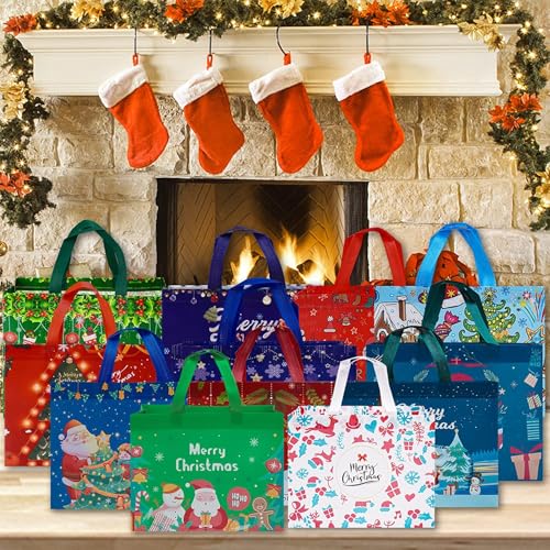 24 Pack Christmas Gift Bags Assorted Sizes with Handle, Non-Woven Reusable Tote I711017
