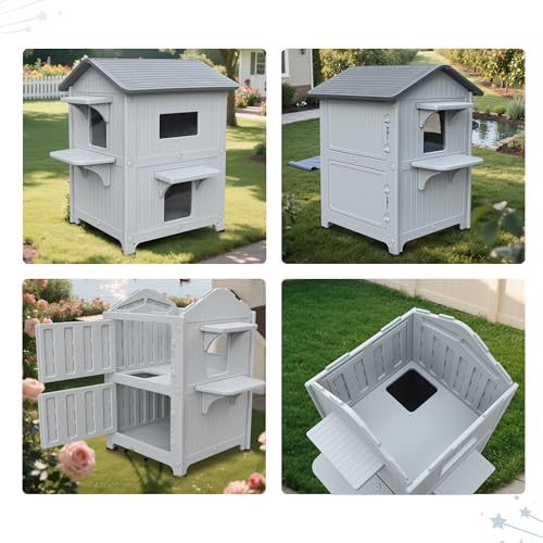 Outdoor Cat House with Mat Weatherproof for Feral Cat, 2 Story Insulated Shelter E964824