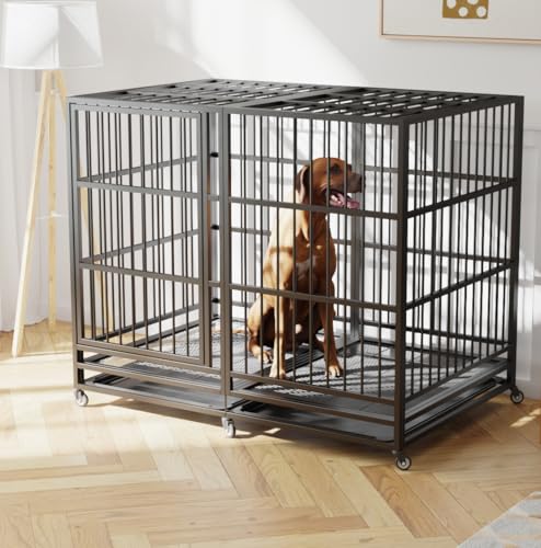 Heavy Duty Dog Crate Cage Kennel for Large Dogs with Removable Trays and Wheels J3652