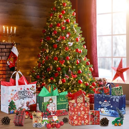 AhfuLife 12 PCS Reusable Christmas Gift Bags with Handles, Assorted Sizes J39716