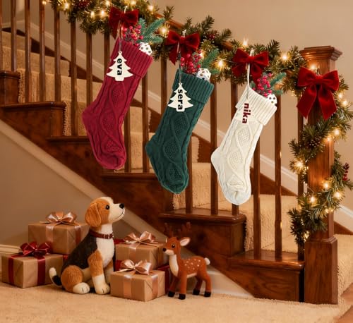 Bone Shaped Dog Christmas Stockings 3 Pack Cable Knit with Name Tag X7669