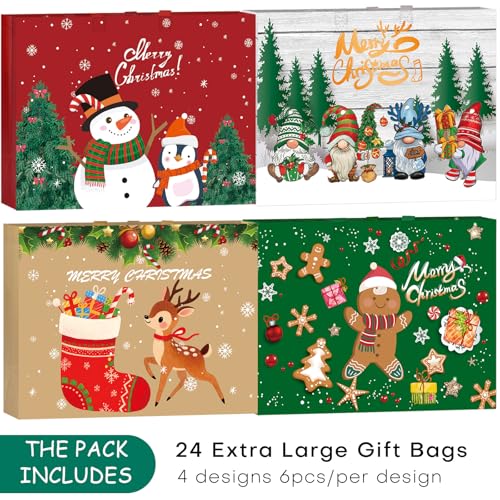 24 Pack Christmas Gift Bags Assorted Sizes Reusable Non-Woven Tote Z5851