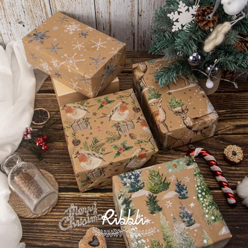 Ribbli 4 Rolls Christmas Kraft Wrapping Paper, 30 x 120 inch per Roll T5923