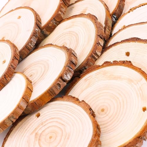 Fuyit Natural Wood Slices 30 Pcs 2.4-2.8 Inches Unfinished Predrilled Wooden Circles for Crafts P544