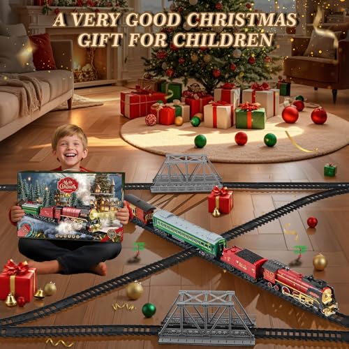 Electric Train Set for Kids with Remote Control, Steam Locomotive with Lights & Sounds F801