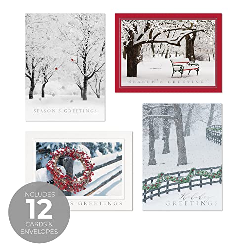 Masterpiece Holiday Greetings Christmas Cards with Snowy Cardinal Wreath, 16 Boxed with Envelopes L381397
