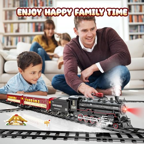 Hot Bee Train Set for Boys, Remote Control Electric Toy with Steam Locomotive E1277