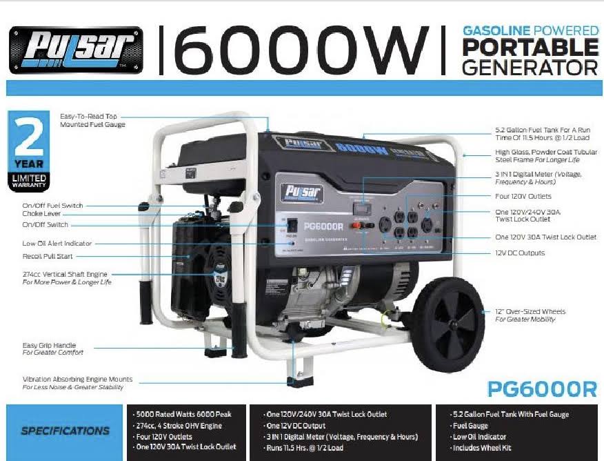 Pulsar 6,000 Peak Watt Gas-Powered Portable Generator N161