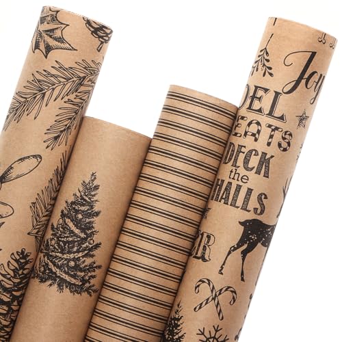 Ribbli Christmas Wrapping Paper, 4 Rolls Vintage Kraft Brown with Black Pattern E817