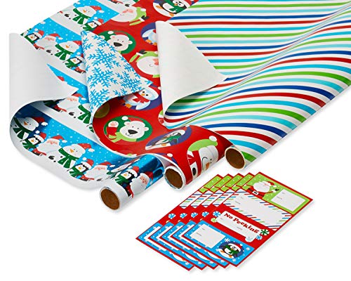 American Greetings Kids Christmas Wrapping Paper Set, 120 sq ft, 4 Rolls with Bows and Tags I837576