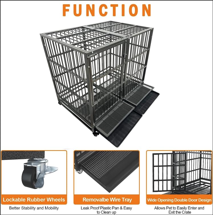Heavy Duty Dog Crate Cage Kennel for Large Dogs with Removable Trays and Wheels J3652