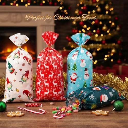 Christmas Gift Bags Set with Drawstring - 80pcs Assorted Sizes for Holiday Gifting I5791
