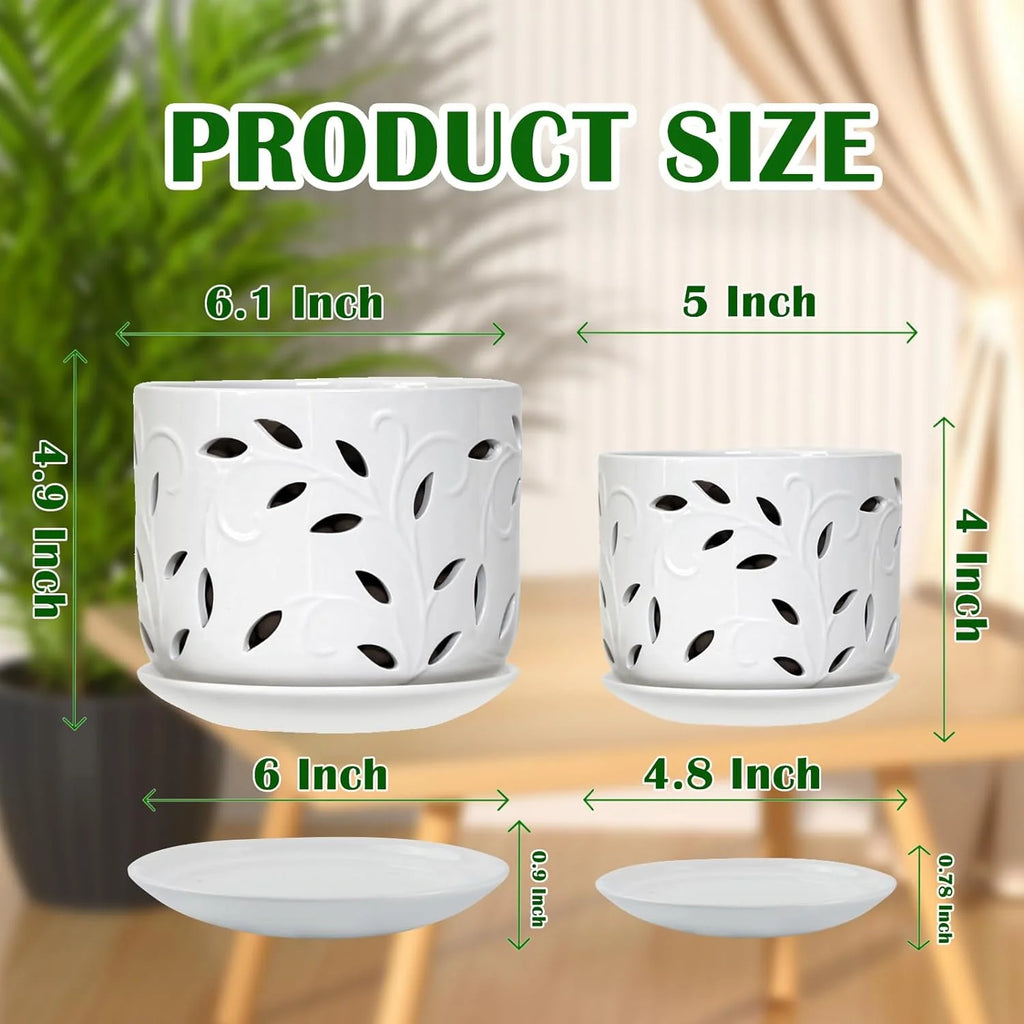 BUYMAX Set of 2 Ceramic Orchid Pots with Saucers, 5 & 6 Inch P238530
