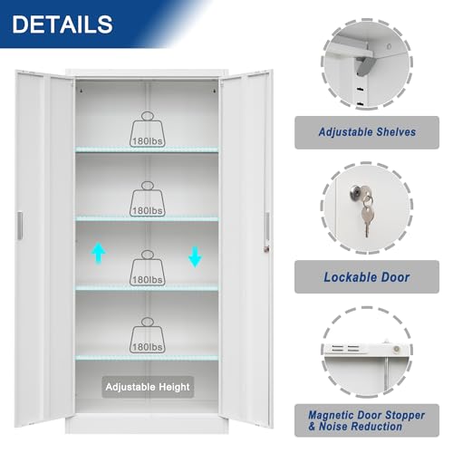 Metal Storage Cabinet 71" White Locking Steel Cabinet with 2 Doors and 5 Shelves U4003