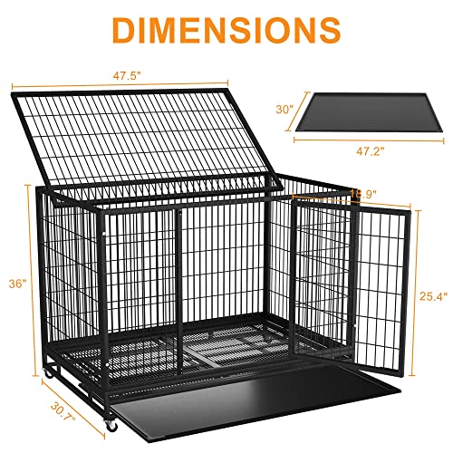 Heavy Duty Dog Crate Cage Kennel for Large Dogs with Removable Trays and Wheels J3652