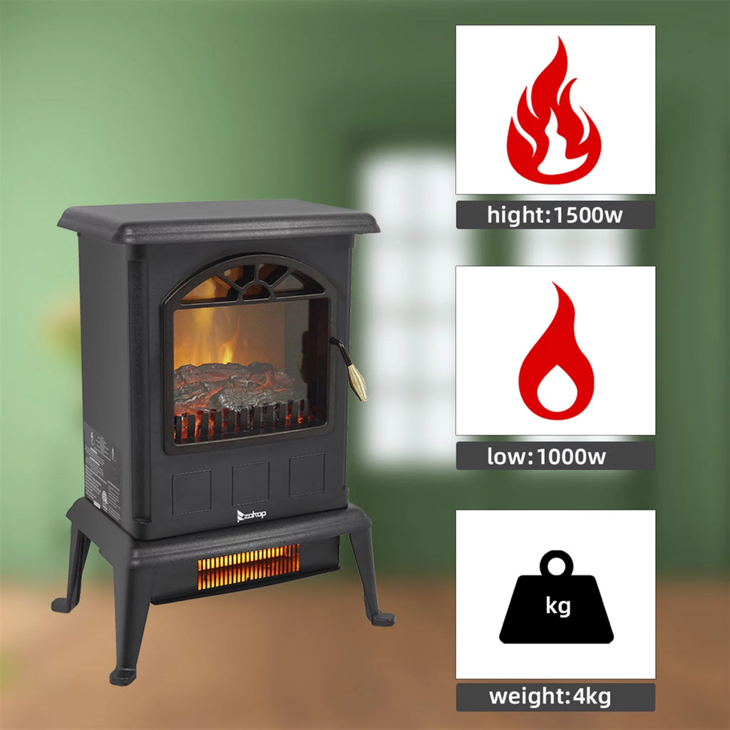 1500W Electric Stove Heater with 3D Flame Effect, Freestanding Indoor Fireplace D3021