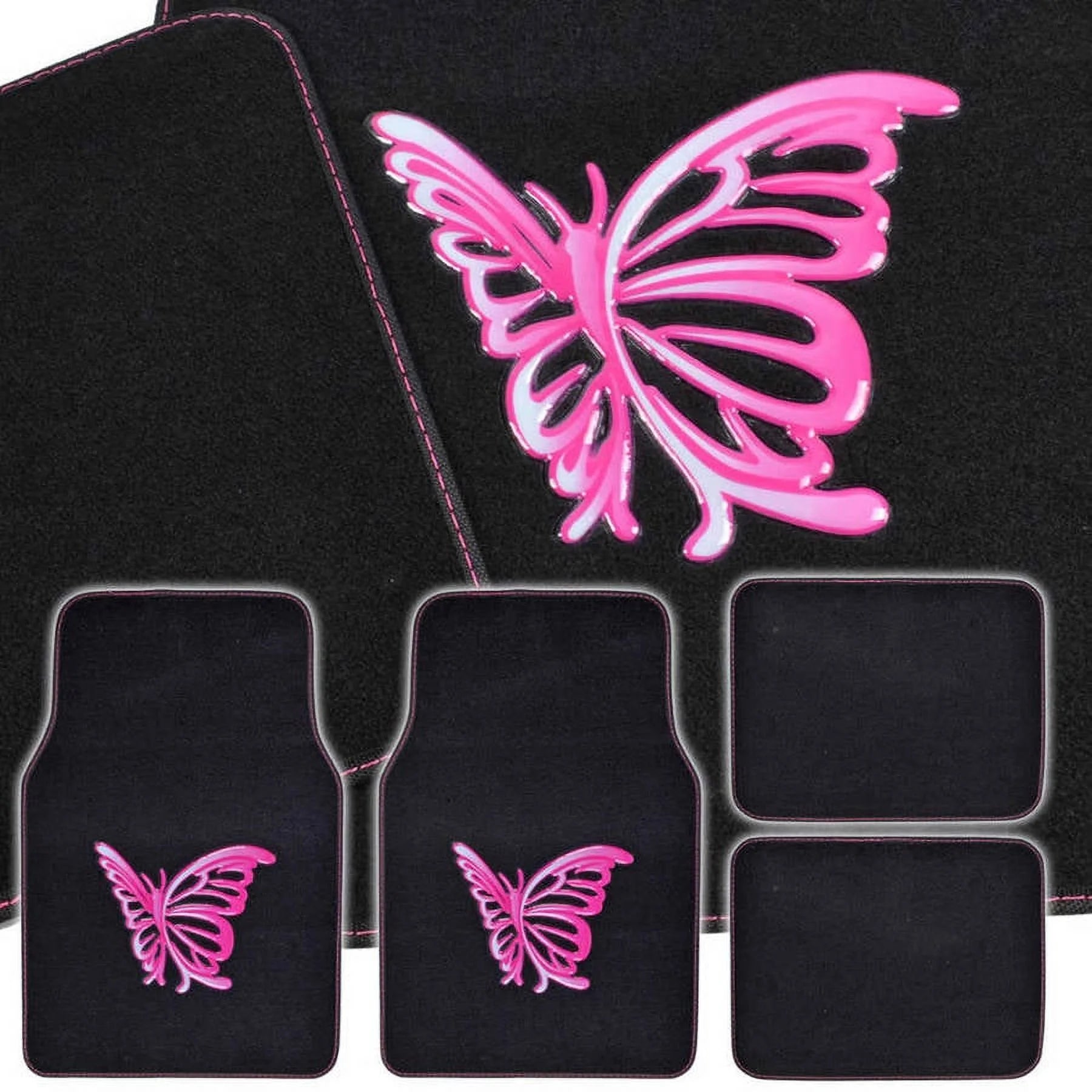 BDK Pink Butterfly Car Floor Mats Full Set Rubber Backing H618864