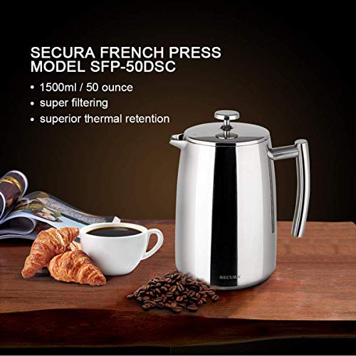 Secura French Press Coffee Maker, 50-Ounce, 304 Stainless Steel Insulated Z9306